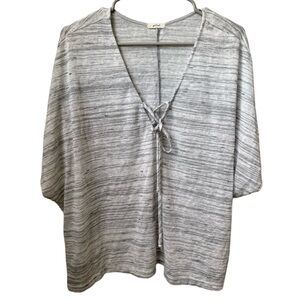 PETROL Women’s Cream Gray Stripe V-Neck  Lace Up Front Cap Sleeve Sweater
